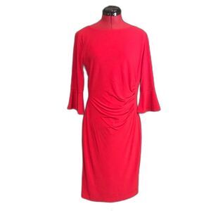 Anne Klein Dress Women's Size 12 Vibrant Red 3/4 Ruffled Sleeves Gathered Waist